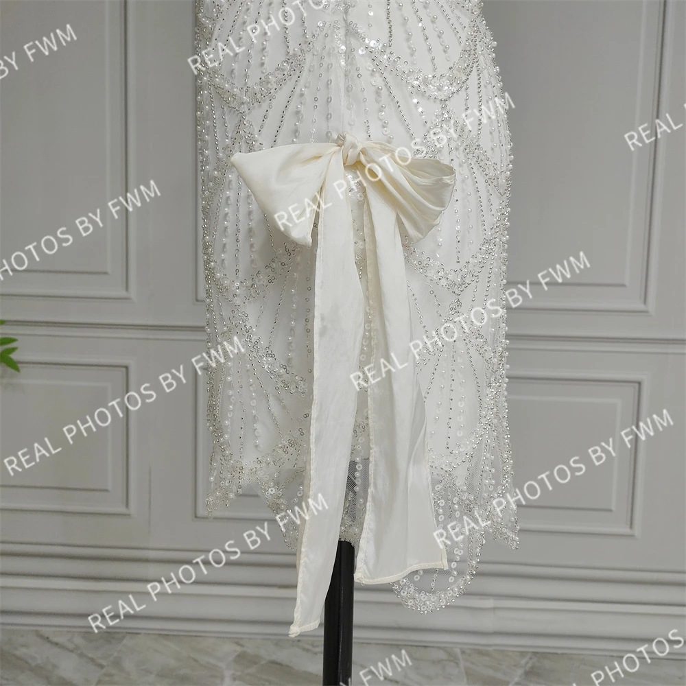 100% Real Photos High Quality Strapless Beaded Lace Mini Wedding Dress With Bow Elegant Sequins Bride Party Dress For Women 2025