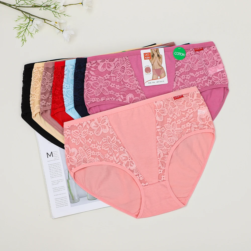 UOKN Solid color lace panties for woman cotton plus size xxxl ladies high rise underwear panties pure cotton underwear