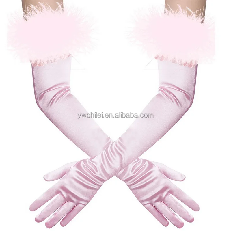 Vintage satin black feather lace long wedding dress elastic spandex Satin  gloves