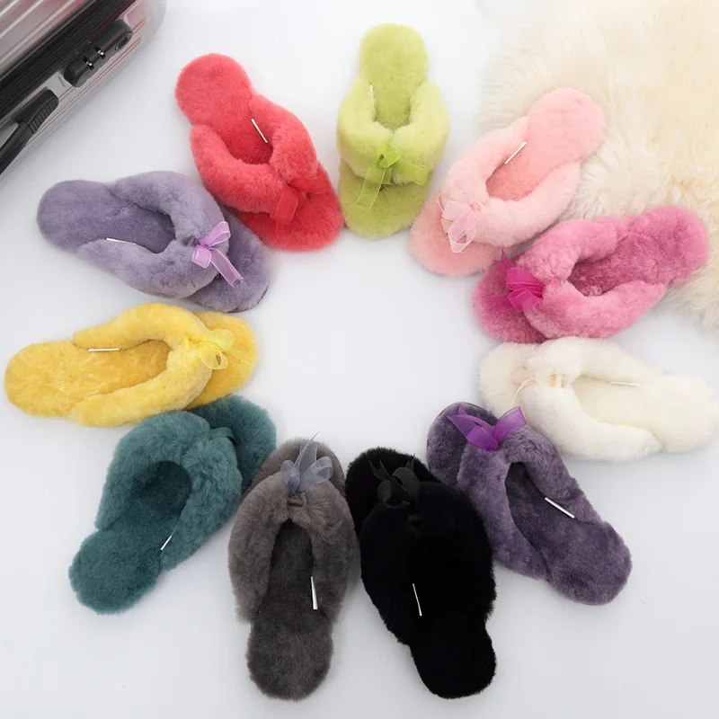 
Factory wholesale high quality real fur slippers cashmere real wool comfortable flip flops 
