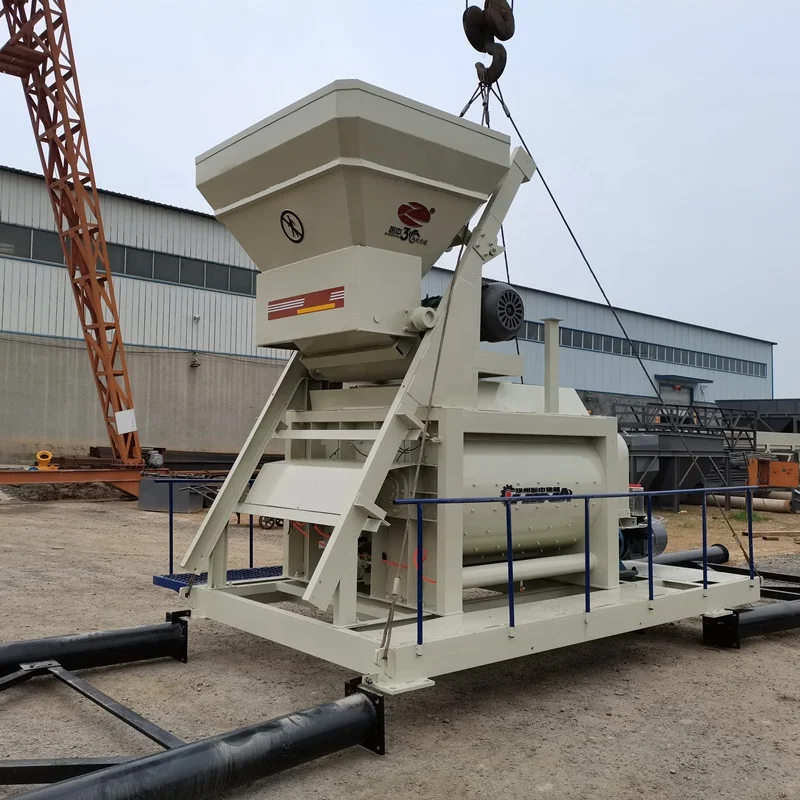 Js1000 Double Twin Shaft Froced Cement Mixer Concrete With Belt Transmission Concrete Mixer With Cement Hopper