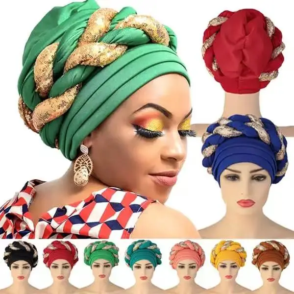 2021 New Muslim sequin braid turban cap women headscarf twist turban hat for women female African headwrap