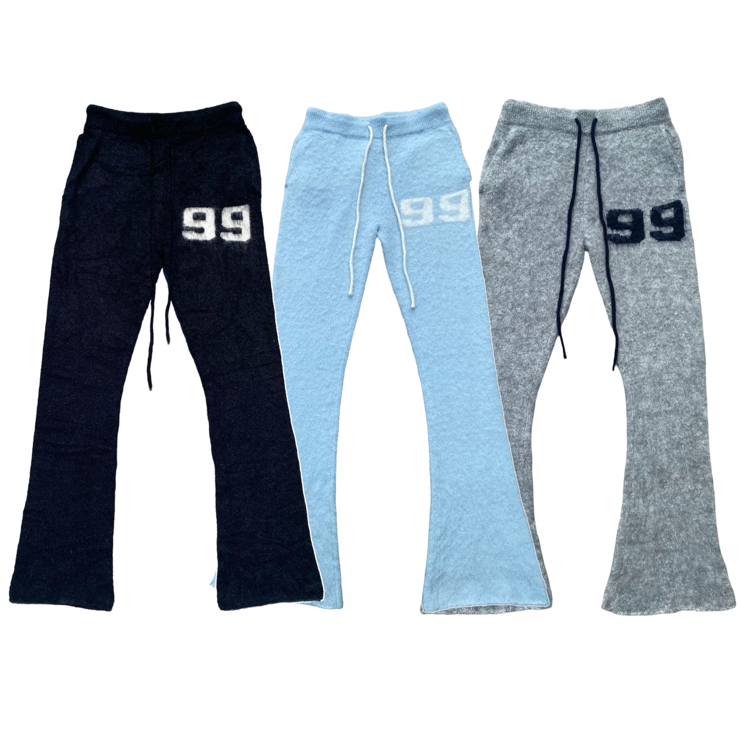Wholesale custom men number letter jacquard pattern mohair Sweatpants fuzzy brushed mohair flare pants