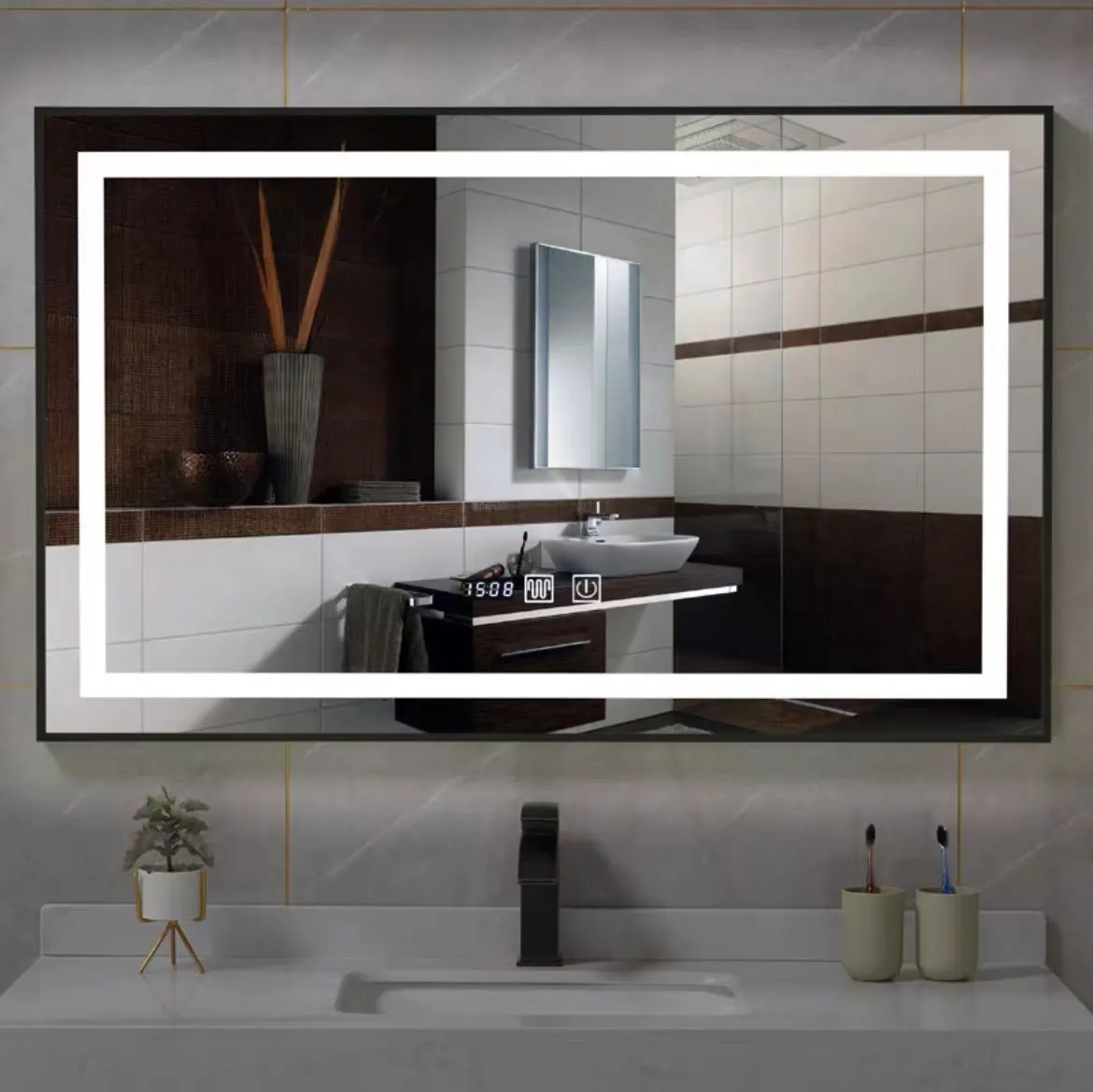 Квадратный Smart Touch Screen Light (для нанесения макияжа) со светодиодной подсветкой по краю и предотвращение запотевания без содержания меди серебряное зеркало для ванной комнаты, данный товар может быть изготовлен на заказ