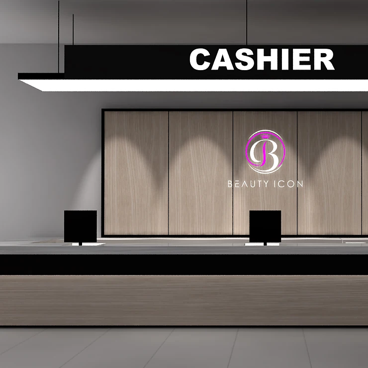 Modern Cashier Table Custom  office front desk background wall display racks designing  led light Display Racks For Shops