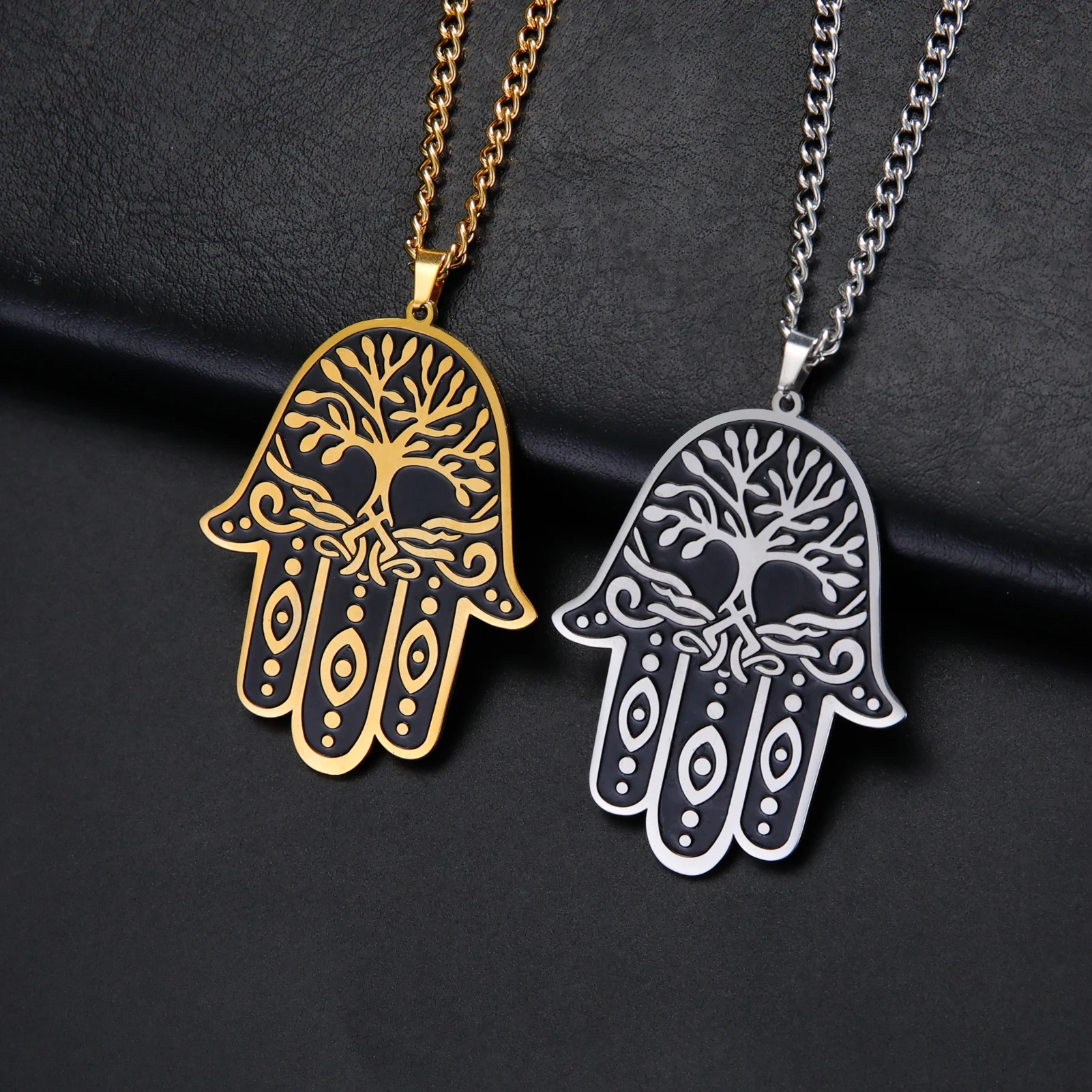Vintage Hamesh Hand Pendant Necklace EvilEye Stainless Steel Engraved Charm Amulet Necklace Amulet Jewish Jewelry For Women Men