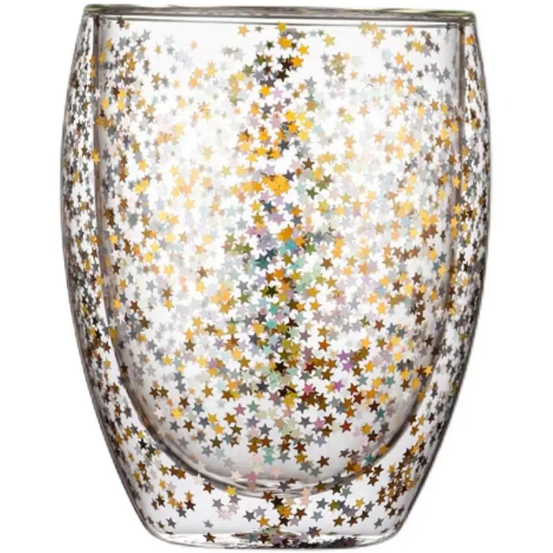 Factory wholesale Starry Sky Design Double Wall Glass Cup With Handle Bright Star Cup