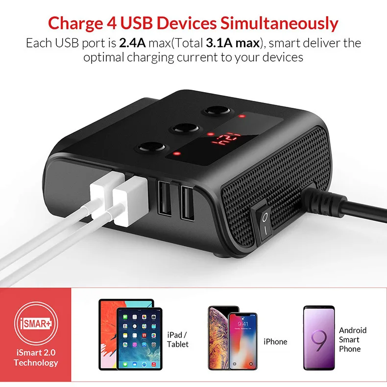 100w High-power 1 Drag 3 Cigarette Lighter Ports 4-port Usb Multi Socket Car Charger With On Off Switch