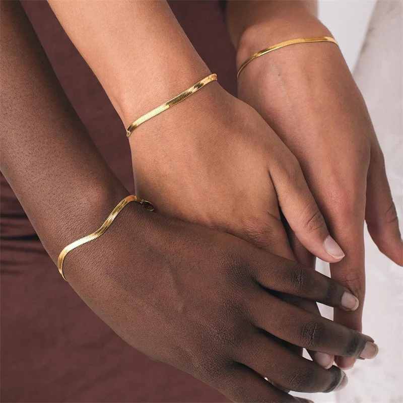 Minimalist Gold Plated Stainless Steel Geometric 5mm Herringbone Snake Chain  Bracelets For Women