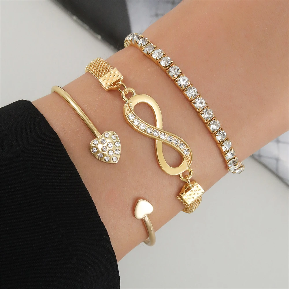 Women Fashion Jewelry Crystal Peach Heart Open Charm Bangle Girls Bracelet Set Multilayer Full Diamond Heart Bracelet