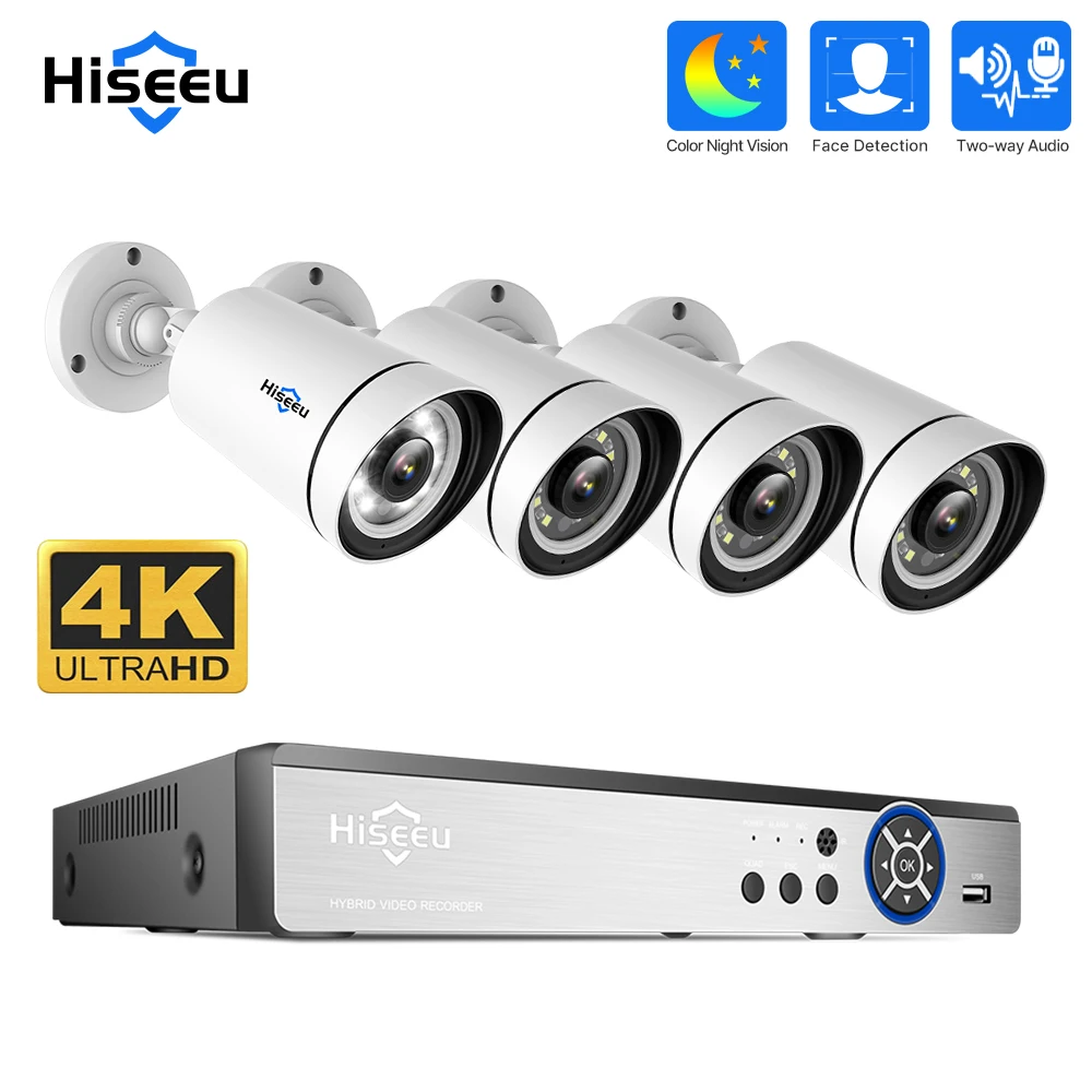 Hiseeu 4K 16CH 8MP двухстороннее аудио Цвет ночного видения Открытый IP уличные 8CH PoE CCTV камеры безопасности Система видеонаблюдения dvr