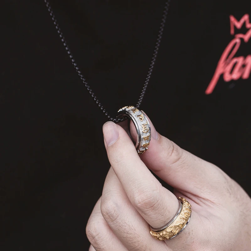 Craft Wolf special design accessories double-layer rotatable jewelry embossed six words of truth ring Original design factory