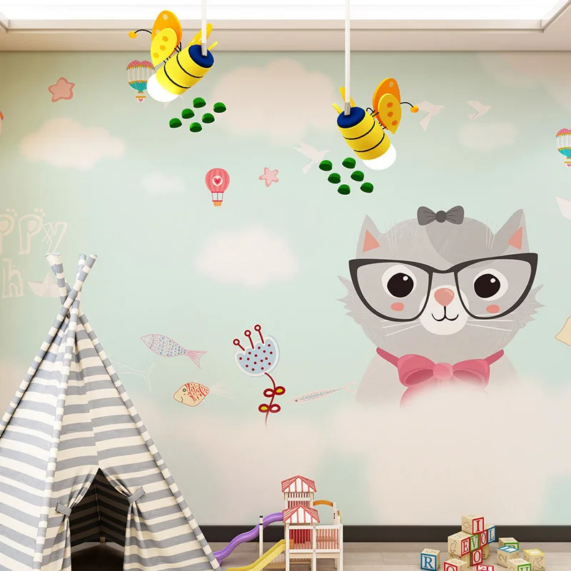 Blue fantasy cartoon kitten pattern  wallpaper children living room baby room wall fabric decoration children bedroom wall cloth