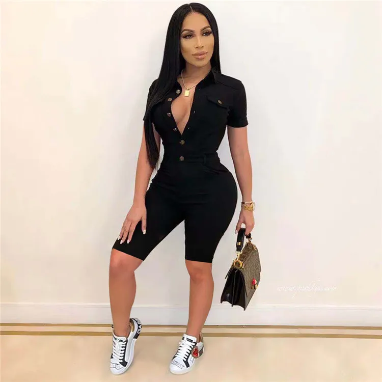 Fashion Summer Ladies Short Sleeve Rompers Button One Piece Casual Women Plus Size Cargo Jumpsuits