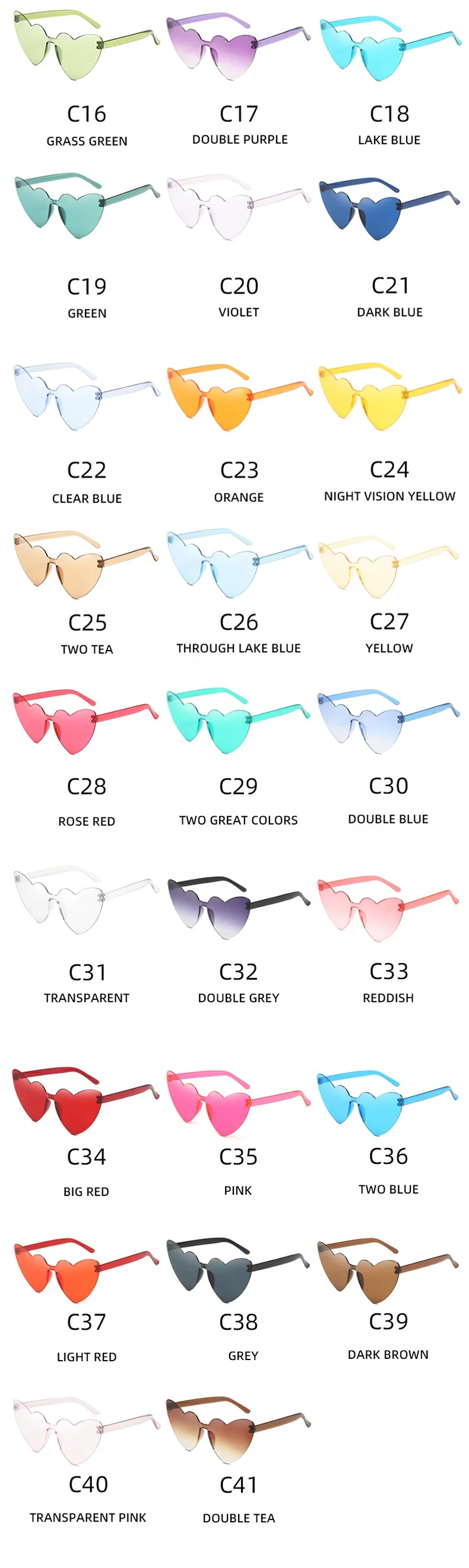 Cheap price Custom Logo Rainbow Frameless Lens Eyewear Candy Color PC Rimless Sunglasses pink love Heart Shaped glass Sunglasses