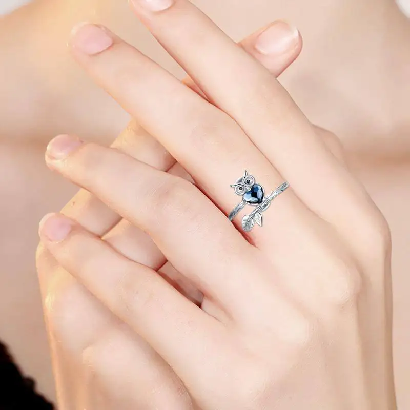 Heart Blue Crystal With Animal Owl 925 Sterling Silver Ring For Women