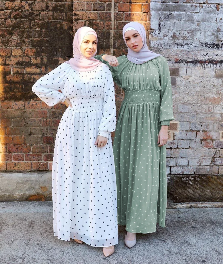 Wepbel Vrouwen Moslim Jurk Vintage Dot Print Volledige Mouw Nieuwe Casual Mode Zomer O Hals Ruches Islamitische Arabische Jurken