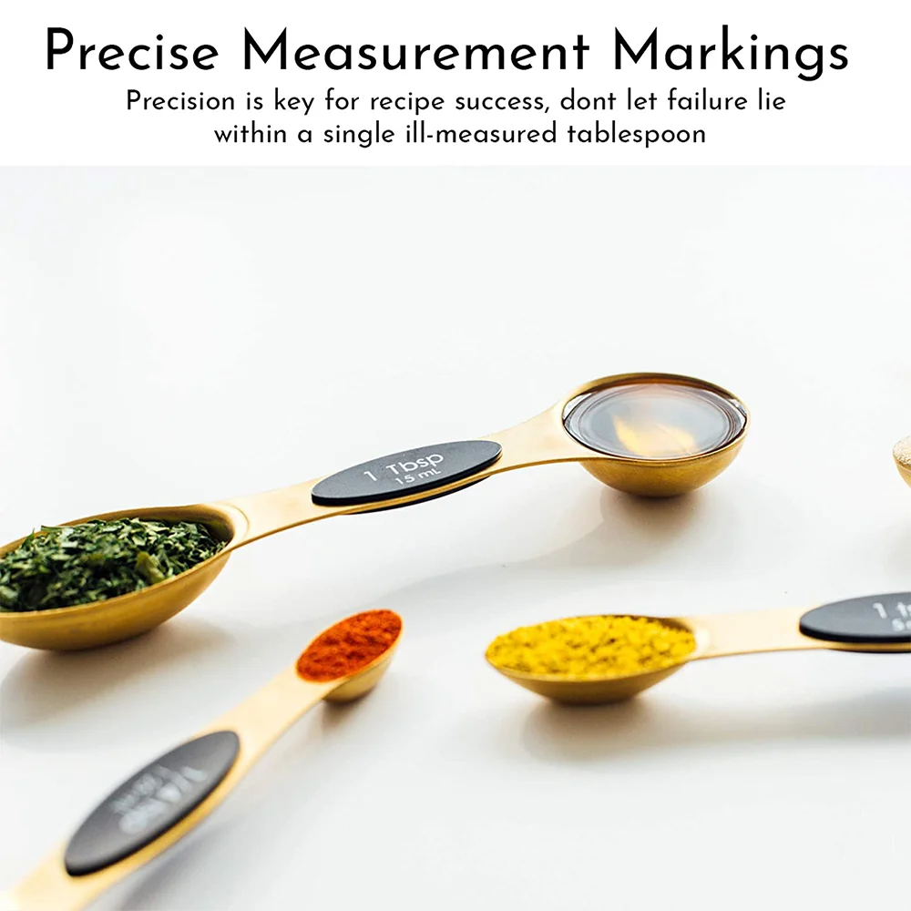 
eco friendly Magnetic rose gold kitchen measuring spoon set stainless steel Dual Sided Stackable spoons for Cooking Baking 