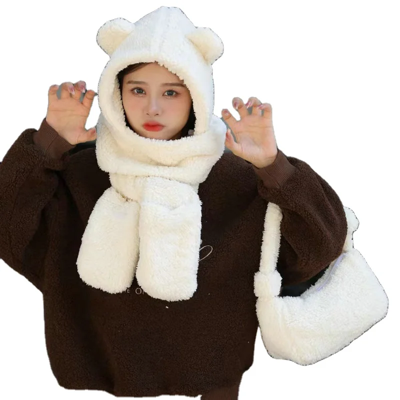 Hot Selling Brown Bear Hat Gloves Set Animal Long Mitten Hat Thick Warm Designer Set Cute Hat Scarf Gloves And Bag Set