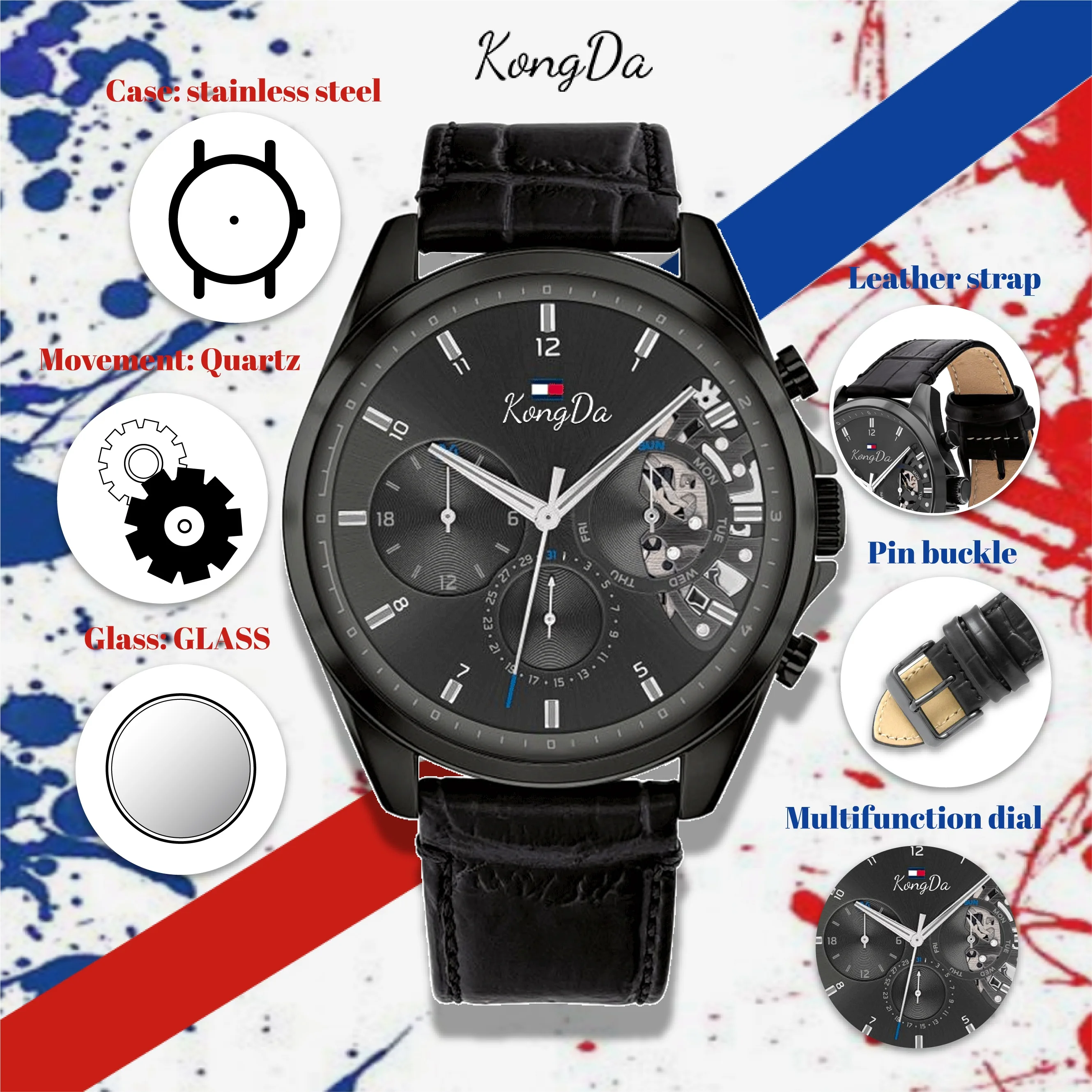 New TH Casual Original Luxury Quality Watches Multifunction Brand Leather Chronograph Quartz Watches  Relogio Para Homens