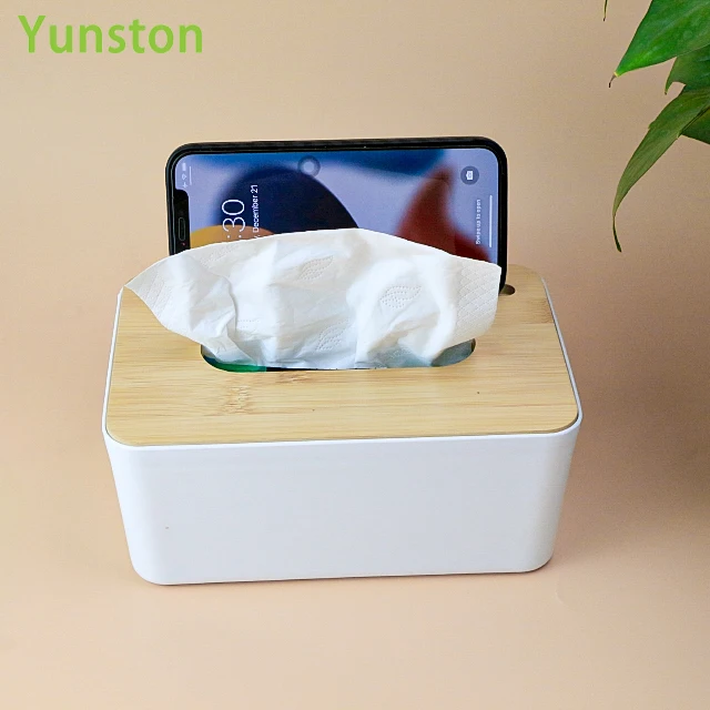 Plastic tissue box with phone holder Rectangular tissue box with wooden lid Plastic napkin boxes with custom patterns