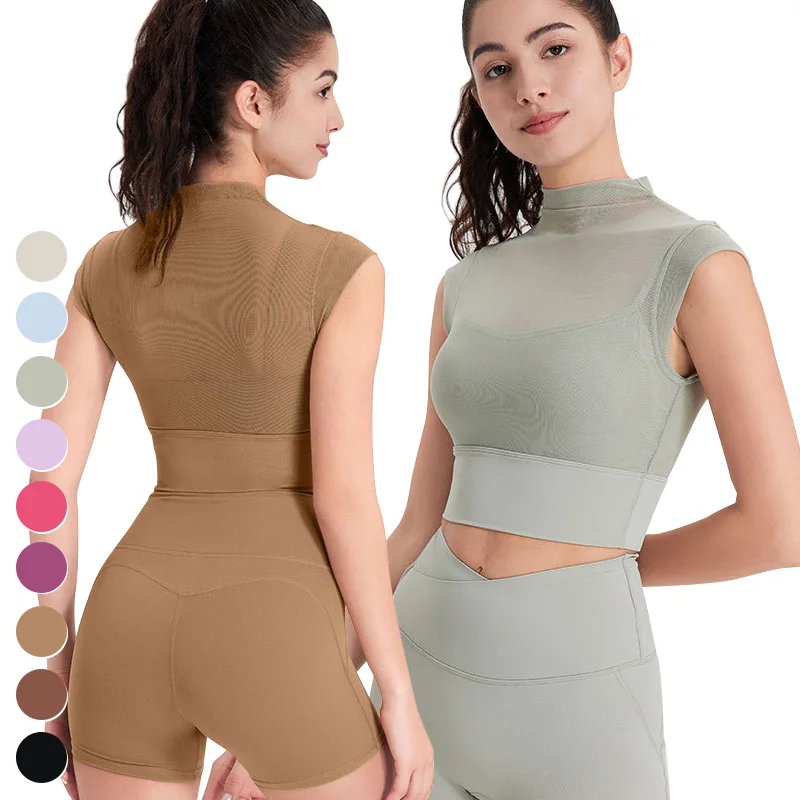 Quick Dry Running Workout T-shirt Sexy Mesh Woman Clothing Short Sleeve Fitness Shirt Yoga Crop Top For Women With Fixed Padded
