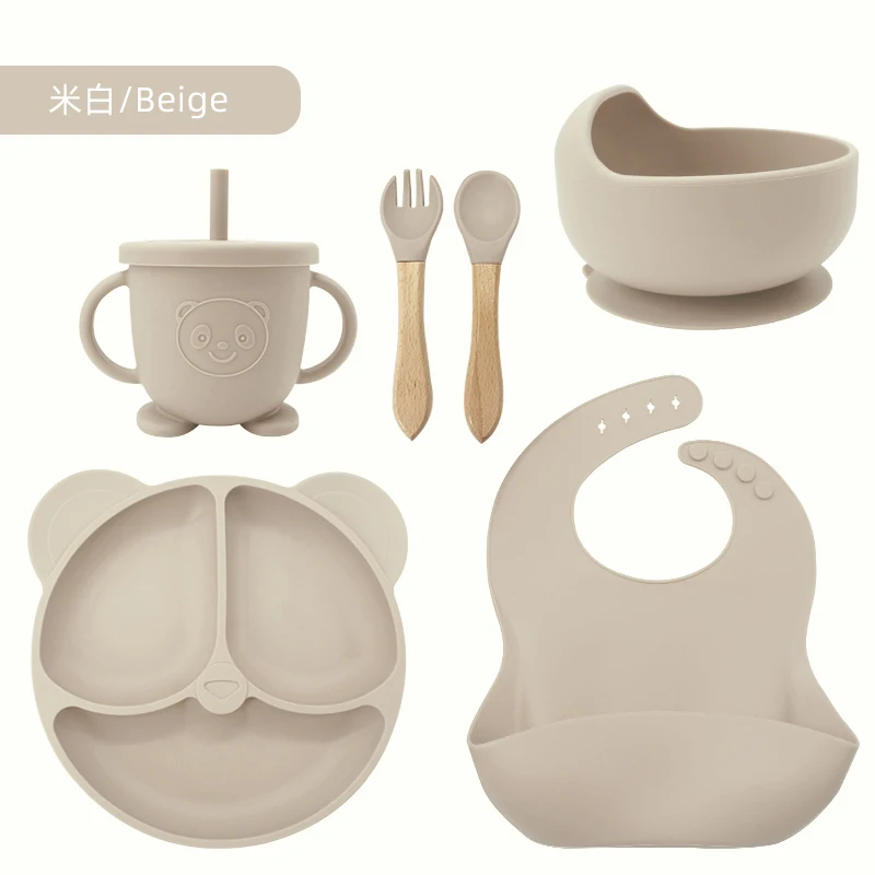 Food grade BPA free cute panda crockery kid tableware silicone dishes for baby toddler dinnerware children food suction plate