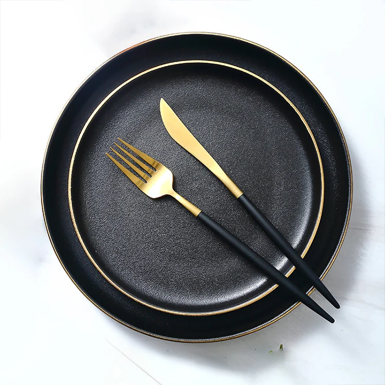 Eco-friendly Custom logo 6/8/10 inch black round square Matte Porcelain steak dish Ceramic dinner plates plate for Restaurant