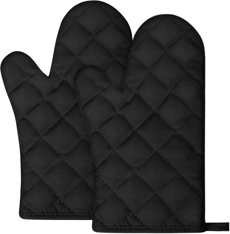 High Quality Custom Printed Heat Resistant Black Baking Oven Glove Thicker Quilted Lining Cotton Linen Kitchen Oven Mitts