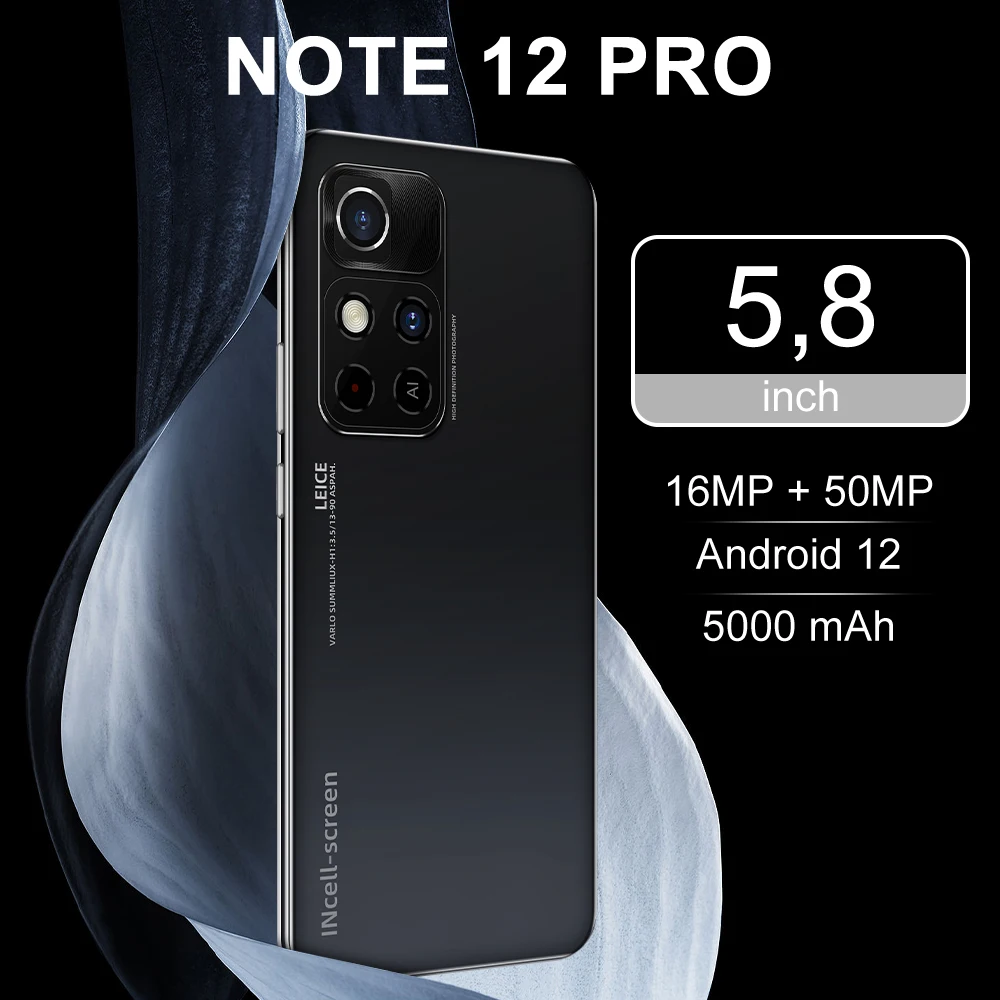 Factory direct sales NOTE 12 PRO smart mobile cell phone Android 12 unlock mobile phone 5g Cellphone 5.8 Inch 16GB+1TB 16MP+50MP