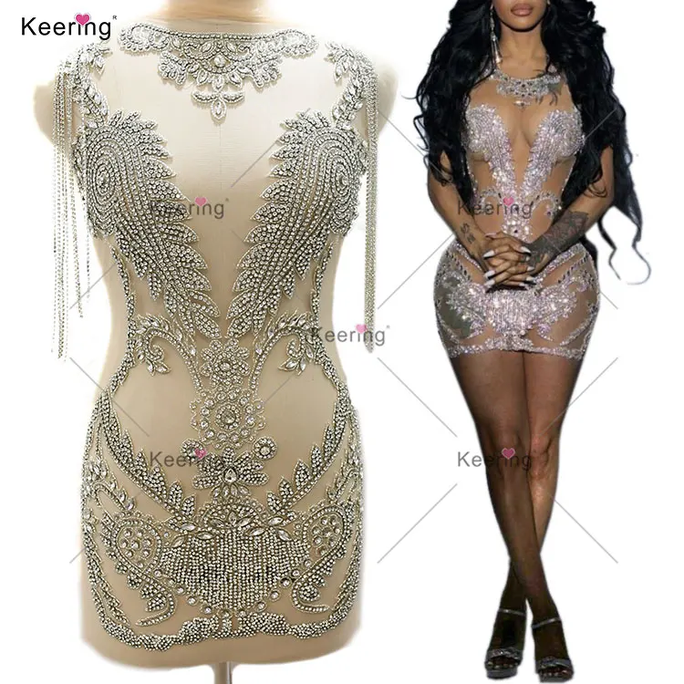 Luxury Rhinestone Bodice Patch Handmade Design With Custom Rhinestone Fringe For  Panel Wedding Dress Fabric WDP-519