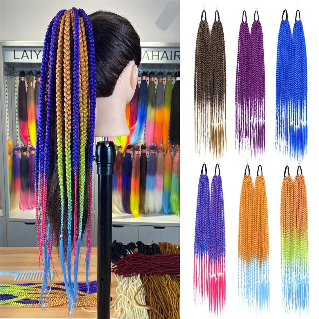 24 inch Rainbow Crochet braid Synthetic Ponytail Braids Hair Extension Ponytail Hairpiece With Rubber Band Hair Ring