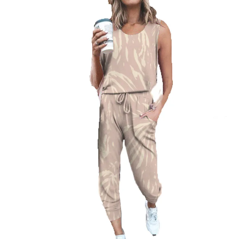 
2021 Summer Tie Dye Sleeveless Drawstring Comfy Over Size 2 Piece Set Women Lounge Wear Loungewear Womens Sets 