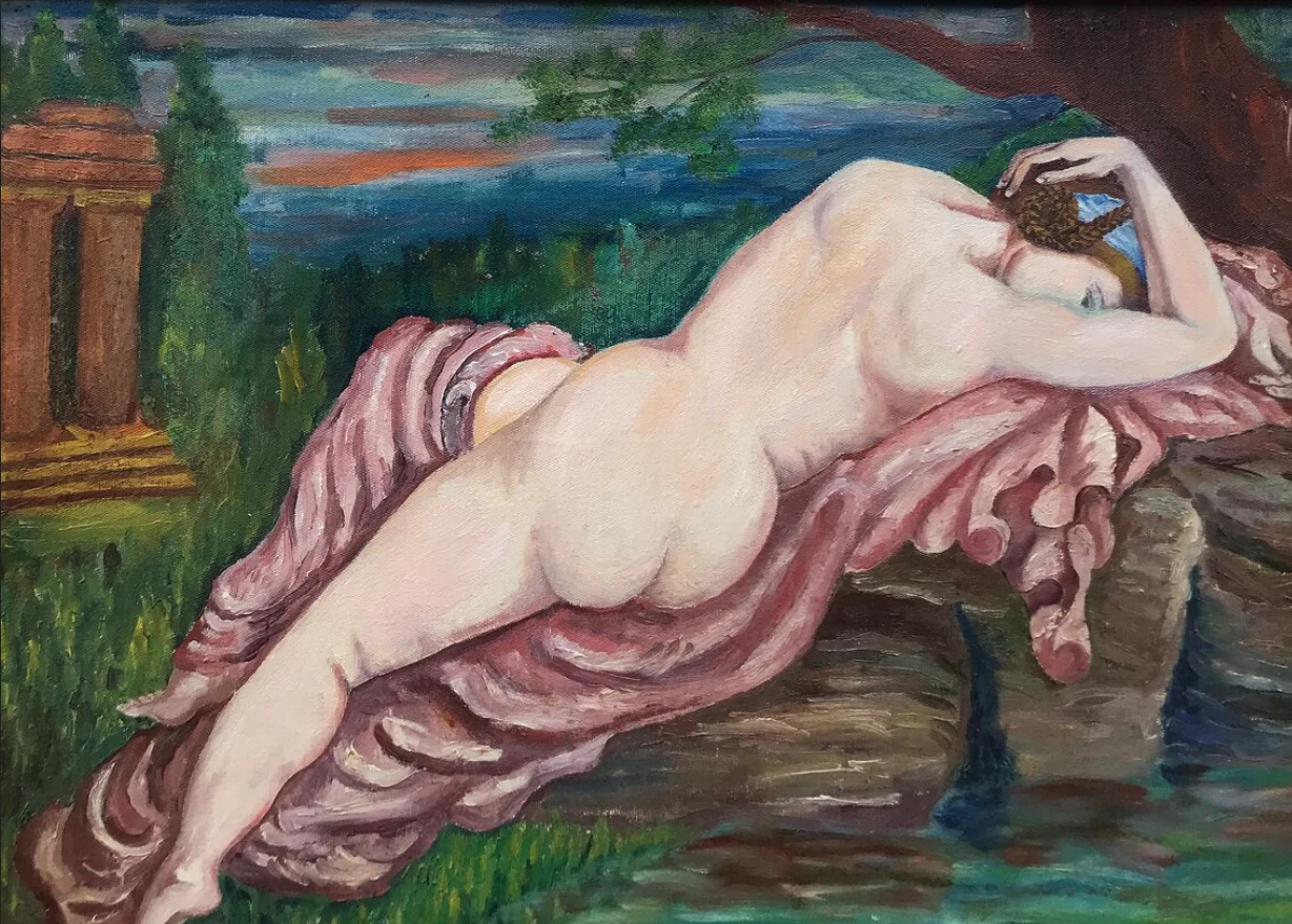Vintage Handmade Original Nude Naive Evening Fat Woman Girl Erotic Landscape Trees Oil Painting for Home Hotel Wall Art Decor