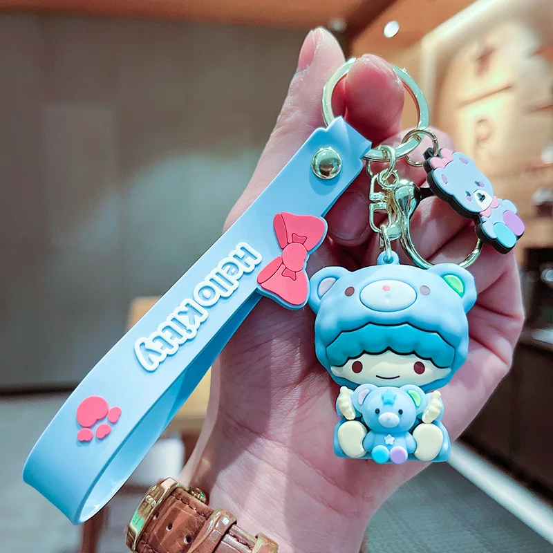 3D PVC Cartoon Kuromi With Bear Figure Cute Car Keyrings Pendant Toys Wholesale Melody Anime Hanging Rubber Ornaments Keychains