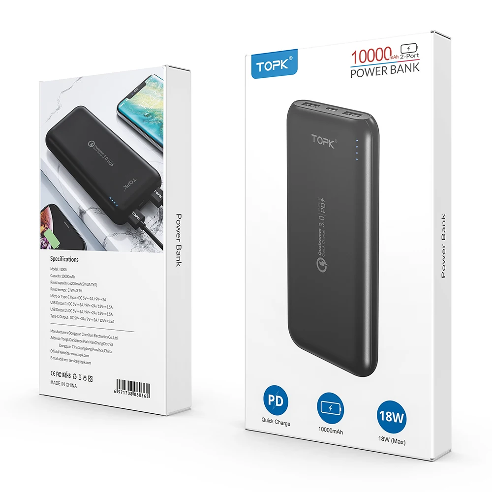  TOPK 18Вт QC3.0 PD 10000 мАч Внешний аккумулятор i1015P Быстрая зарядка USB Type C портативное мобильное зарядное