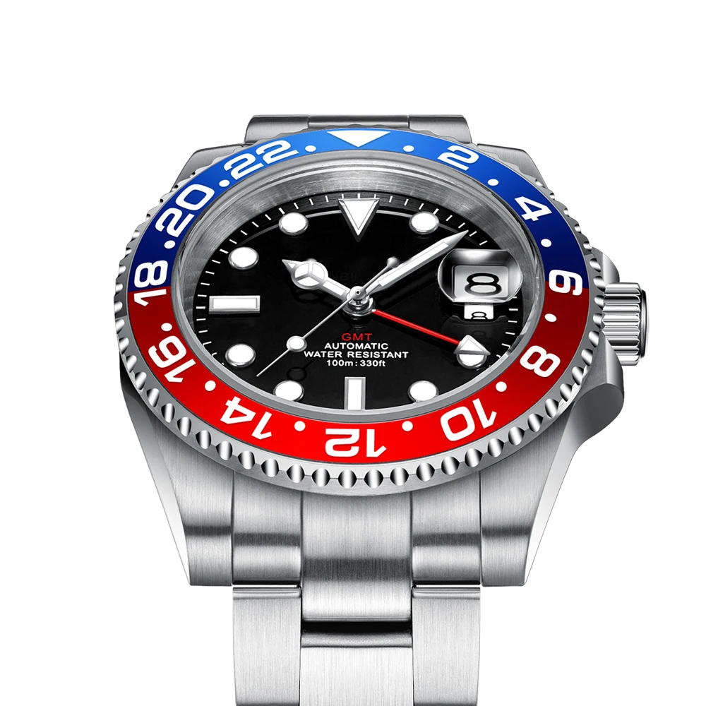 Luxury Men Mechanical Watch Genuine Sapphire Waterproof 10ATM Steel Strap GMT NH34 Automatic Business Watch Montre Homme