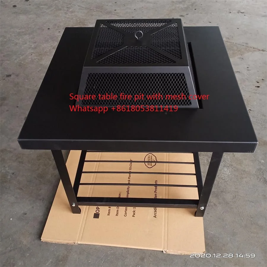 
Wood Burning square Fire Pit with Cooking Grill, Spark Screen and Cover 