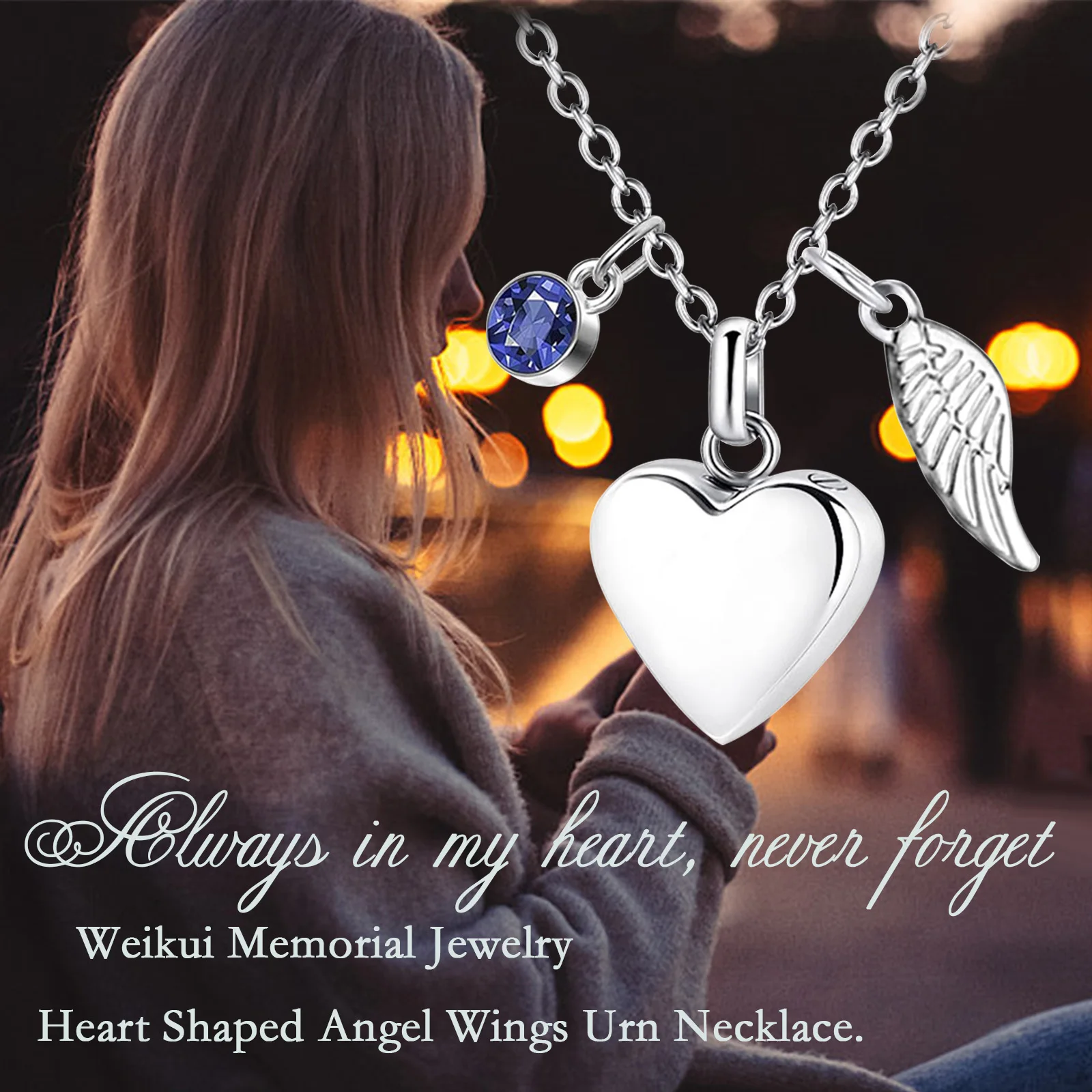 Heart with Angel Wings and Birthstone Pendant Necklace Cremation Urn Fashion Jewelry Keepsake Memorial for Human Pet Ashes