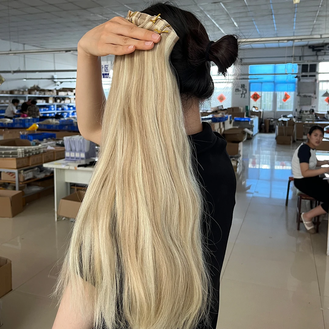Bright blonde Seamless Weft Hair Extension Human Double Drawn Invisible Russian Hair Extensions