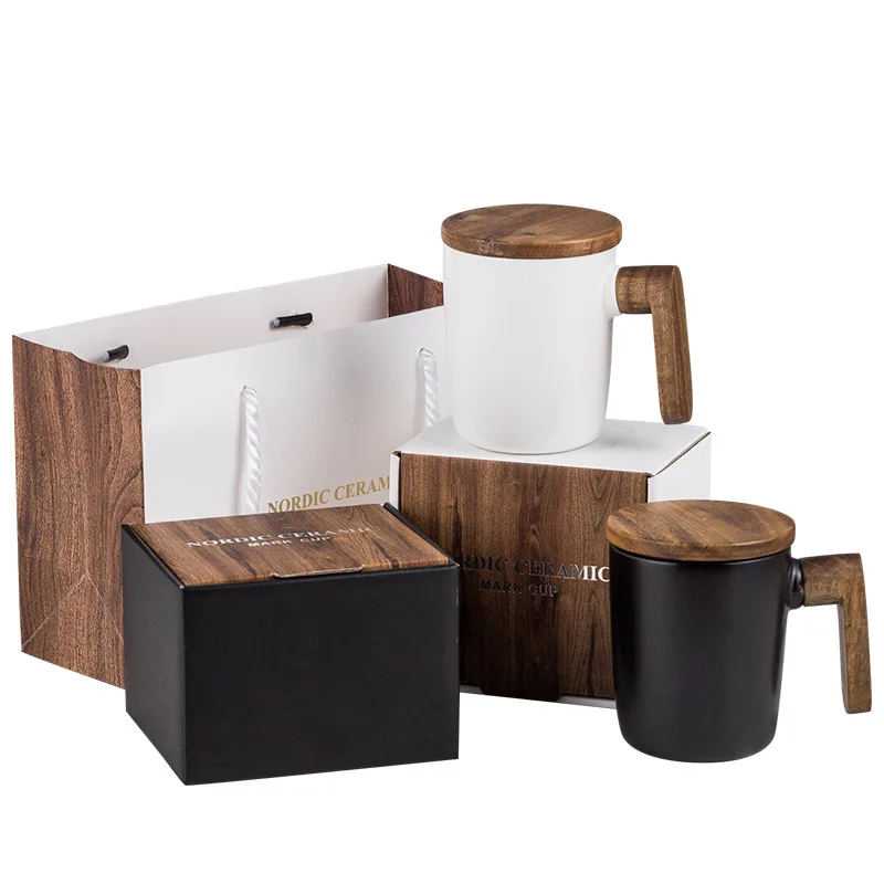 Modern Black Matte Ceramic Mug With Wooden Handle And Lid Luxury Gift Box Pottery Mug Couple Mugs Ceramic Coffee Drinking