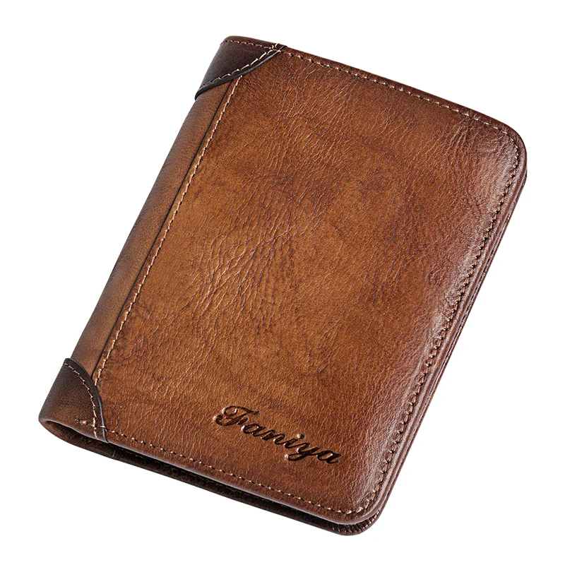 Brown Full Grain Genuine Leather Short Wallet Men Crazy Horse Anti Rfid Blocking Pure Leather Bifold Wallet For Man
