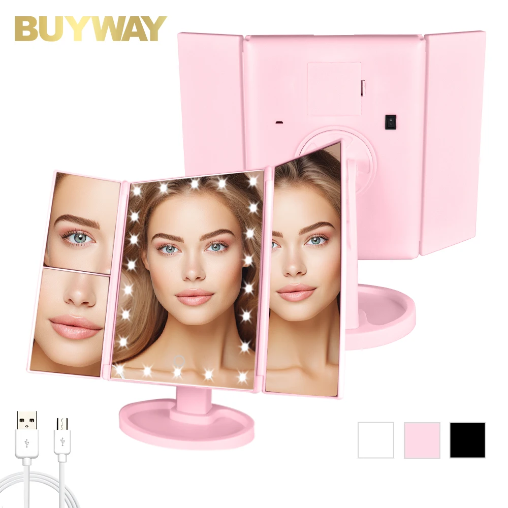 ABS Portable Rotating Folding Vanity Magnifying Touch Screen Led Light Travel Adjustable Cosmetic Makeup Tri-fold Mirror
