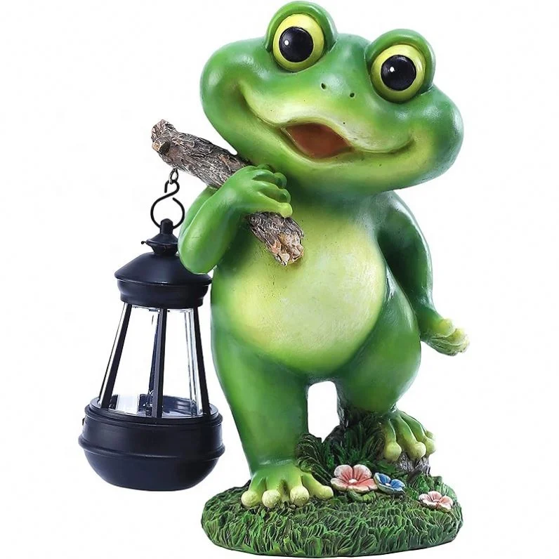 Shingel Resin Animal Sculptures Polyresin Outdoor Figurines for Lawn Ornament Garden Frog Statue with Solar Light