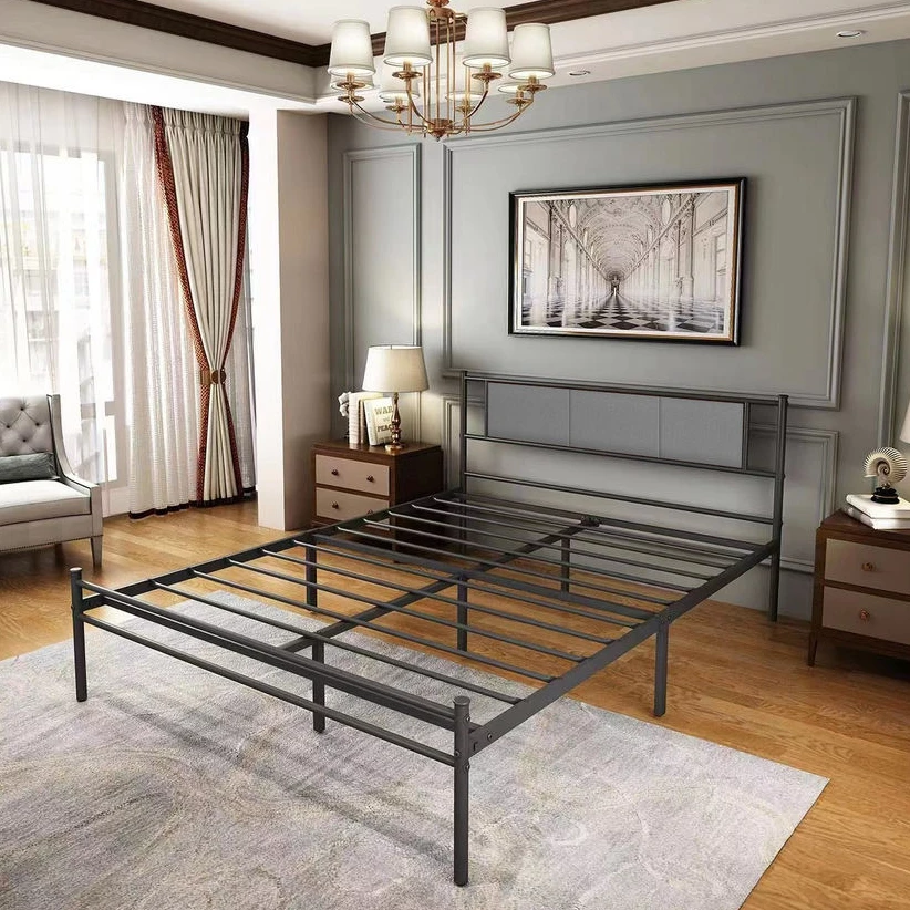 Full Size Black Metal Frame Iron Bed Comfortable King Size Fabric Hotel Metal Iron-Art Bed