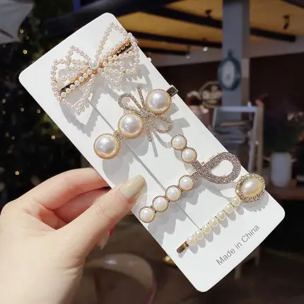 Korean Bow Pearl Hair Clips 5/6 Pieces Hairpin Set For Girls Gifts Luxury Metal Crystal Women Hairpin Wholesale