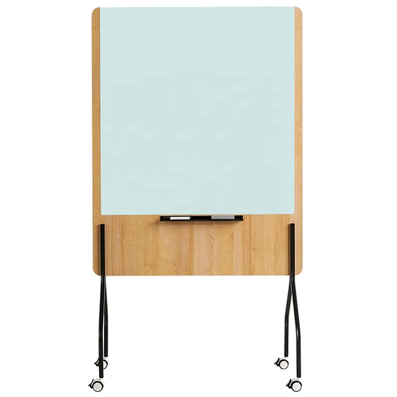 Mobile Tempered Magnetic Glass Whiteboard Back With Felt Wood Frame Auto Locked Wheel For Office Partition White Board