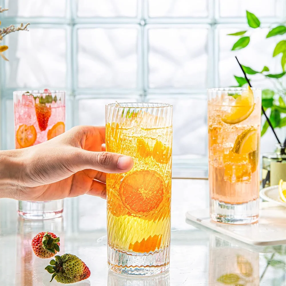 Elegant Collins Glass Cup Bar Cocktail Long Drink Glass Deep Spiral Highball Glasses