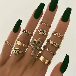 Bohemian Ring creative  retro geometric ring full of diamonds shining snake-shaped 11-piece combination joint Snake ring