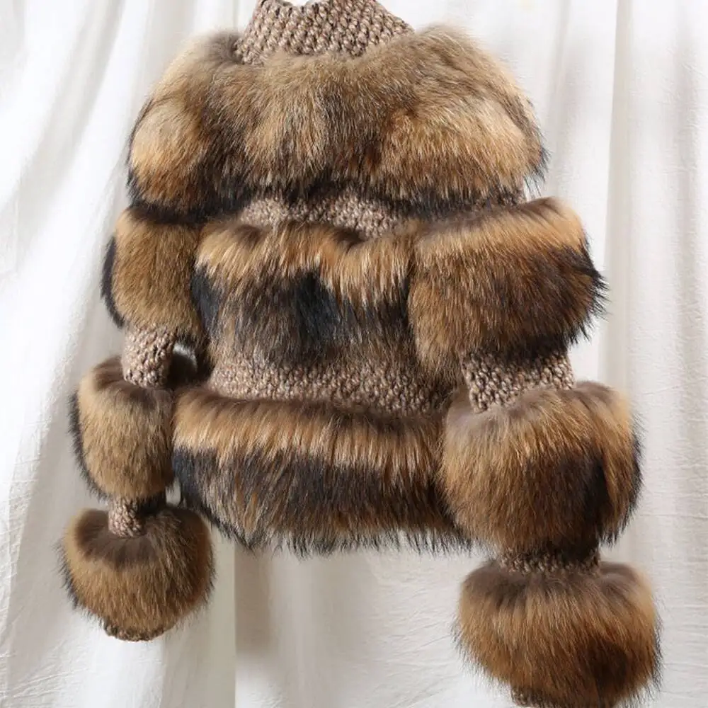 Black Blue White Natural Brown Cropped Racoon Top Fur Coat Shaggy Genuine Raccoon Fur Jacket For Sale Cheap